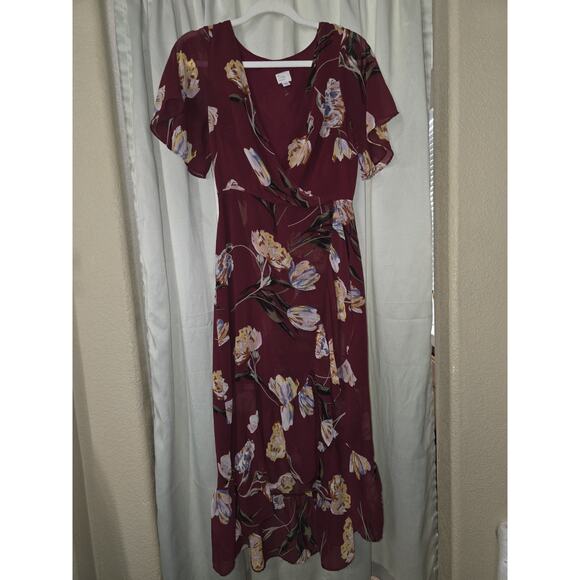 Fall Floral Maxi Dress Women XS Red Short Flutter Sleeve V-Neck Casual Boho - Picture 2 of 7